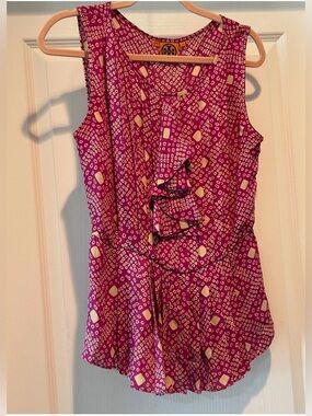Tory Burch Silk Purple Geometric Print Ruffled Sleeveless Blouse